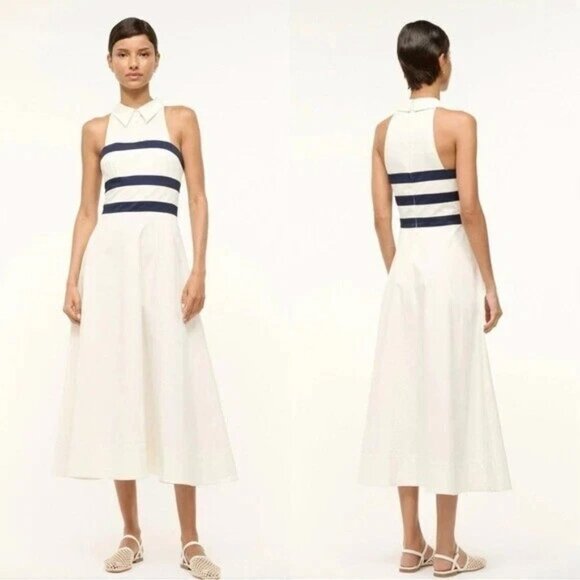 STAUD CAPTAIN IVORY OFF WHITE NAVY BLUE STRIPED HALTER MIDI DRESS SIZE 4 NWT - Picture 3 of 15